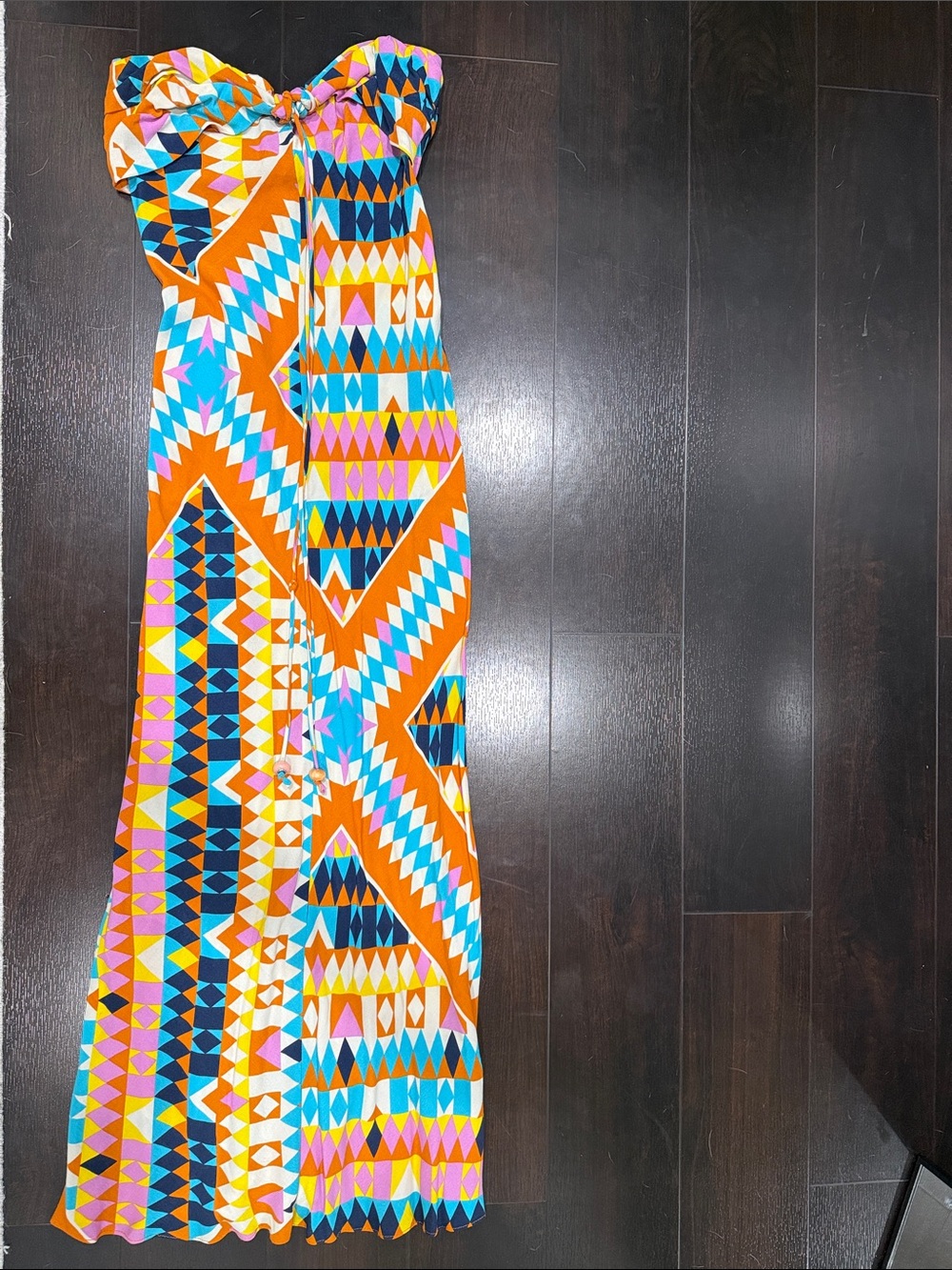 Zara Multicolor Geometric Strapless Maxi Dress in Orange, Blue & Pink